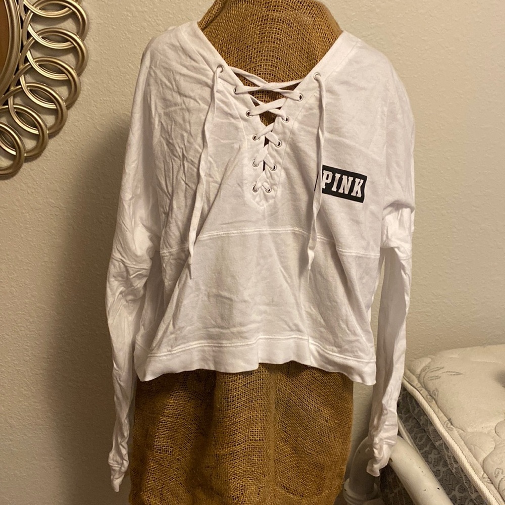 VS Pink White Cropped Lace-up Long Sleeve Tee